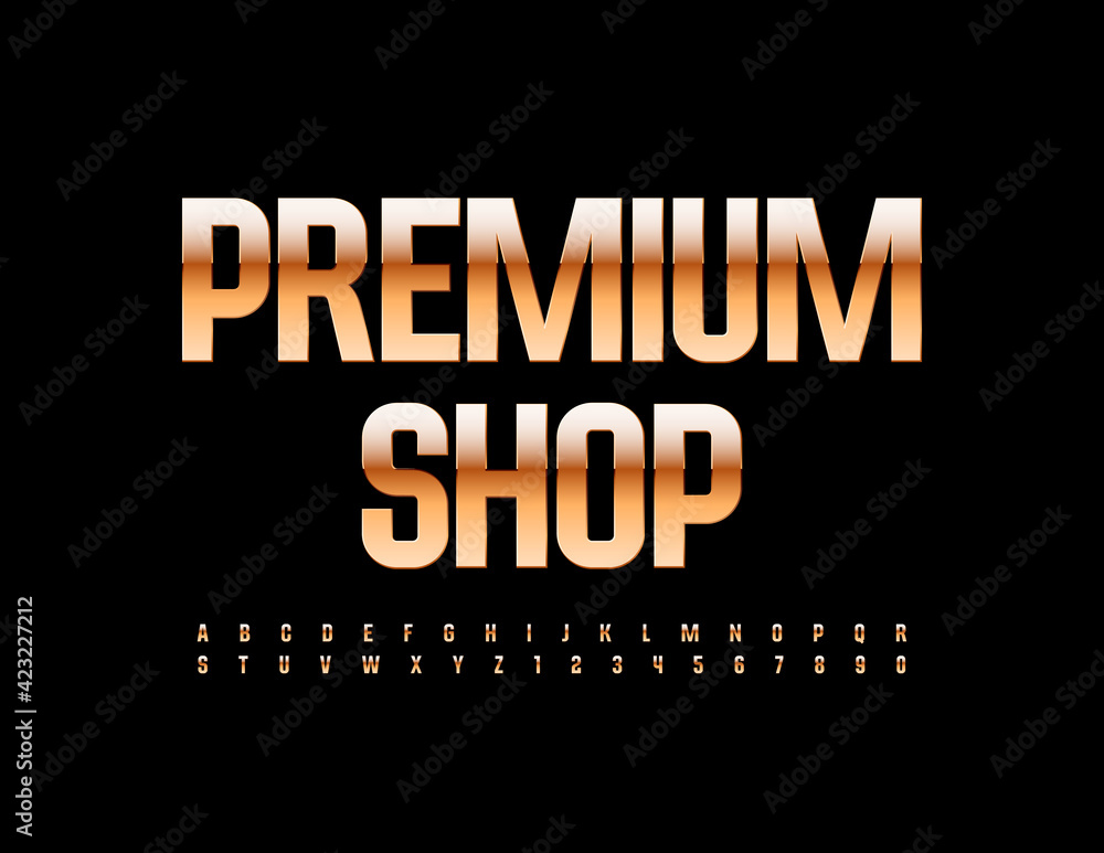 Vector stylish Emblem Premium Shop. Chic Goldeny Font. Artistic Alphabet Letters and Numbers