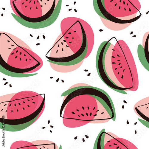 Fototapeta Naklejka Na Ścianę i Meble -  Watermelon seamless pattern on white. Fresh bright summer background. Vector