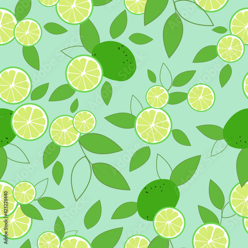 Lime. Fruits and slices of lime with leaves on a mint background. Seamless pattern.