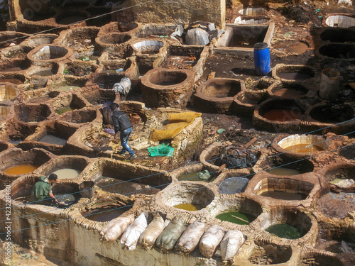 Workers tanning and dyeing hides in the casbah of Fez, one of the most beautiful Moroccan cities