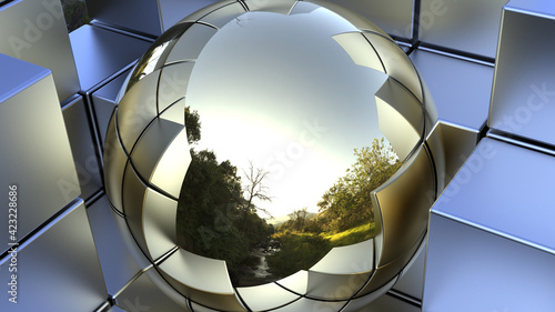 Obraz na plátně precious nature - luminous golden sphere sheltered by steel cubes reflecting sma