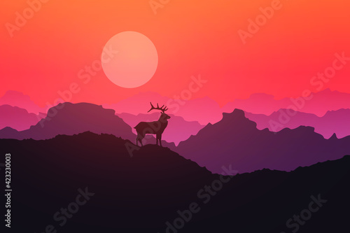 Deer on hills in morning Silhouette beautiful vector illustration.