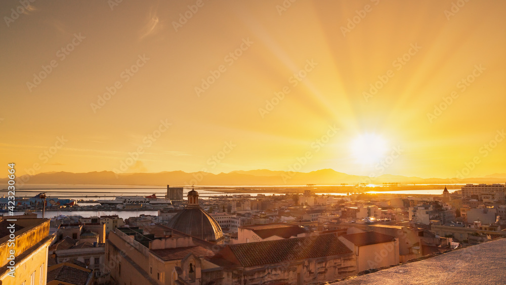 Rooftop view of Cagliari from Bastione Saint Remy at sunset