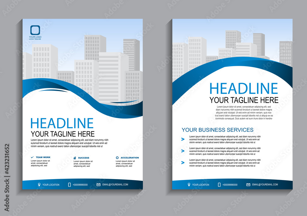 Business flyer layout template in A4 size. Modern Brochure template cover design, annual report, poster with blue wavy lines for business promotion on white background, vector illustration
Business flyer layout template in A4 size. Modern Brochure template cover design, annual report, poster with blue wavy lines for business promotion on white background, vector illustration