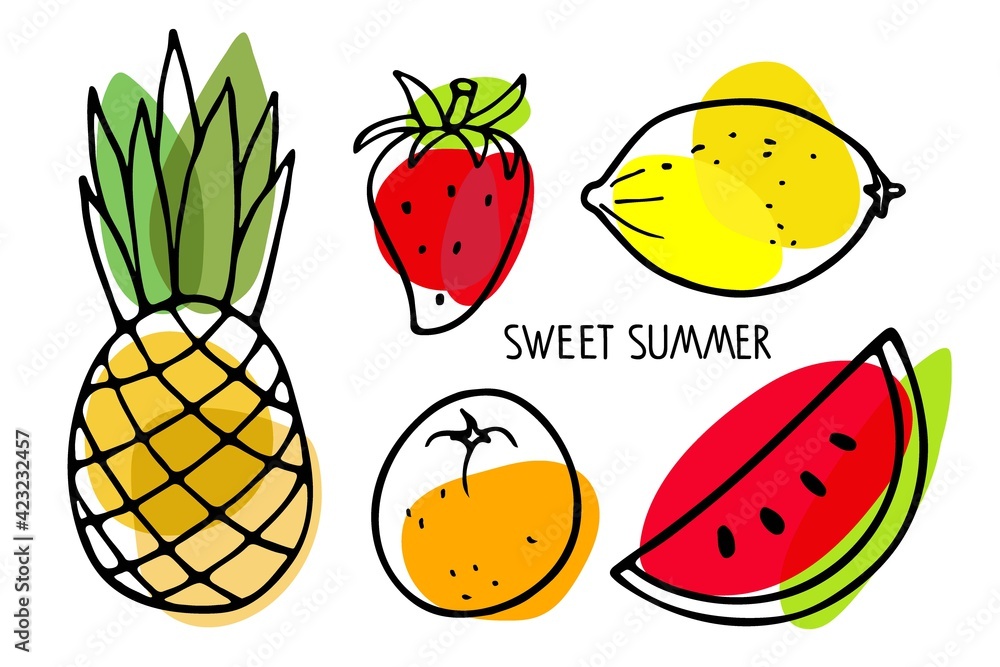 Set of summer seasonal fruits. Watermelon, pineapple, strawberry, lemon, orange fruit hand drawn sketch isolated. Bright fruits. Organic vector food. Eco healthy ingredient For poster, banner, coupon Set of summer seasonal fruits. Watermelon, pineapple, strawberry, lemon, orange fruit hand drawn sketch isolated. Bright fruits. Organic vector food. Eco healthy ingredient For poster, banner, coupon