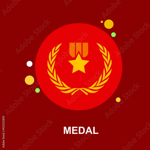 medal with badge and leaves on red background flat concept design