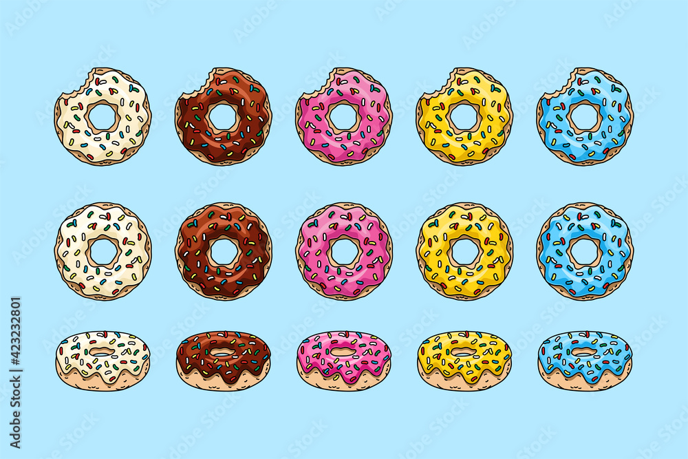 whole donut and half-eaten donut with pink, chocolate, yellow, blue and white glaze. vector illustration whole donut and half-eaten donut with pink, chocolate, yellow, blue and white glaze. vector illustration