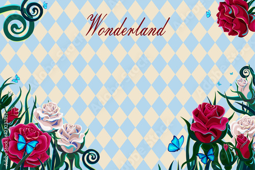 red roses and white roses, green leaves and blue morpho butterflies on chess checkered background