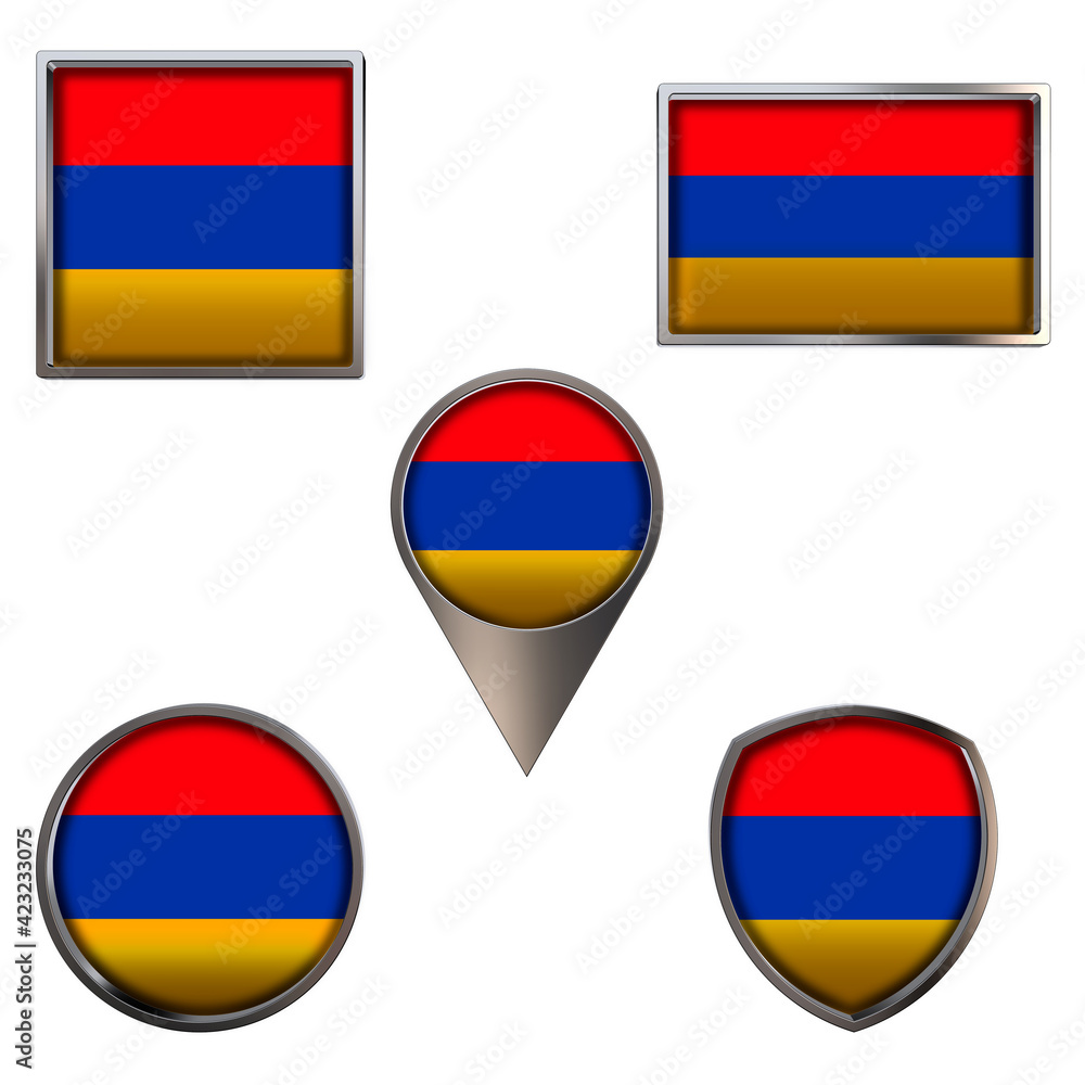 Fototapeta premium Various flags of the Republic of Armenia. Realistic national flag in point circle square rectangle and shield metallic icon set. Patriotic 3d rendering symbols isolated on white background.
