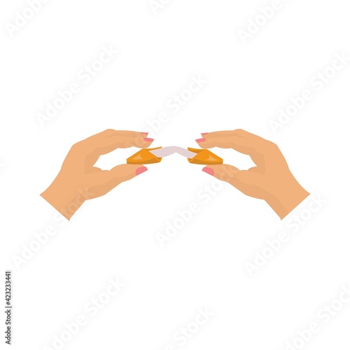 Two hands holding fortune cookie with blank slip Vector cartoon isolated illustration
