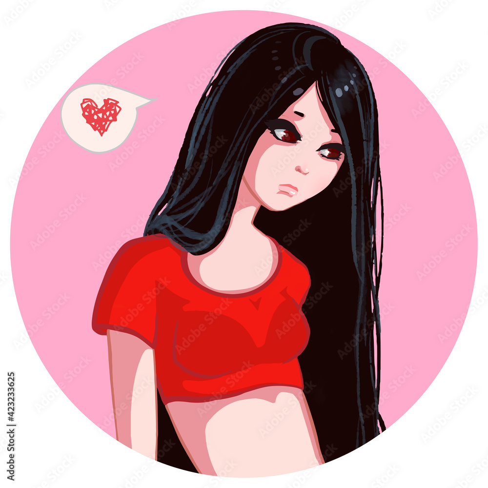 Sad and lonely brunette girl. Circle icon Sad and lonely brunette girl. Circle icon
