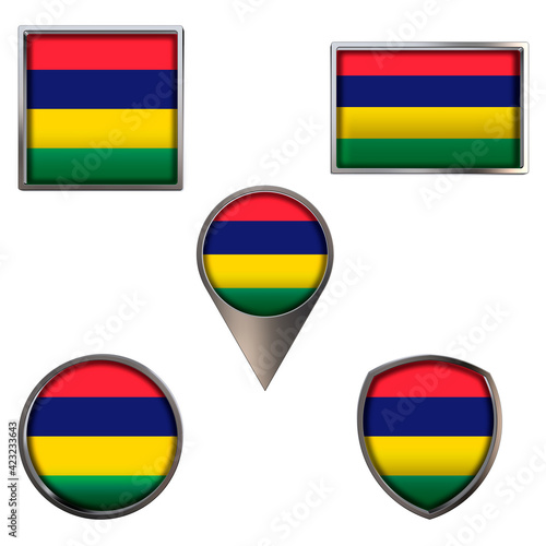Free Download Various flags of the Republic of Mauritius. Realistic national flag in point circle square rectangle and shield metallic icon set. Patriotic 3d rendering symbols isolated on white background. - GFXLoad