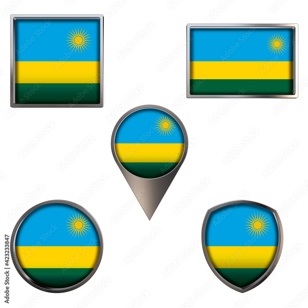 Various flags of the Republic of Rwanda. Realistic national flag in point circle square rectangle and shield metallic icon set. Patriotic 3d rendering symbols isolated on white background. Various flags of the Republic of Rwanda. Realistic national flag in point circle square rectangle and shield metallic icon set. Patriotic 3d rendering symbols isolated on white background.