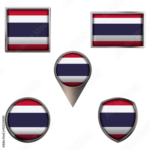 Free Download Various flags of the Kingdom of Thailand. Realistic national flag in point circle square rectangle and shield metallic icon set. Patriotic 3d rendering symbols isolated on white background. - GFXLoad