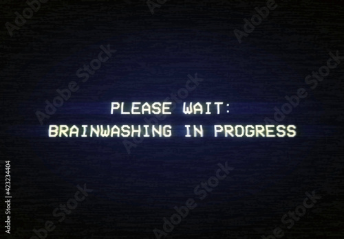 Analog intentional distortion fx: tracking a bad signal from an old damaged VHS tape, with the text Please wait, Brainwashing in progress.
 photo
