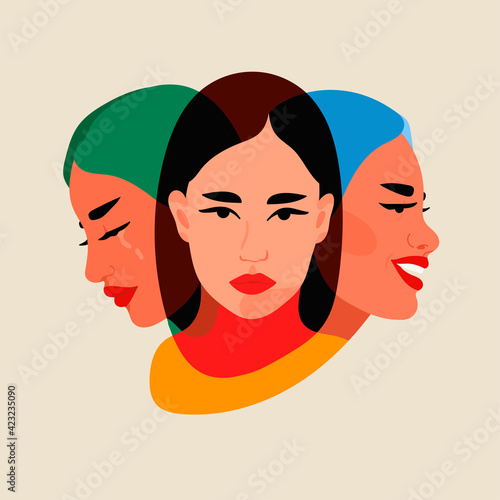 Three faces, one person. Three different personalities of one woman. Split Personality, bipolar disorder, mood, various emotions, mind Mental, psycho therapy concept. Abstract Vector illustration 
