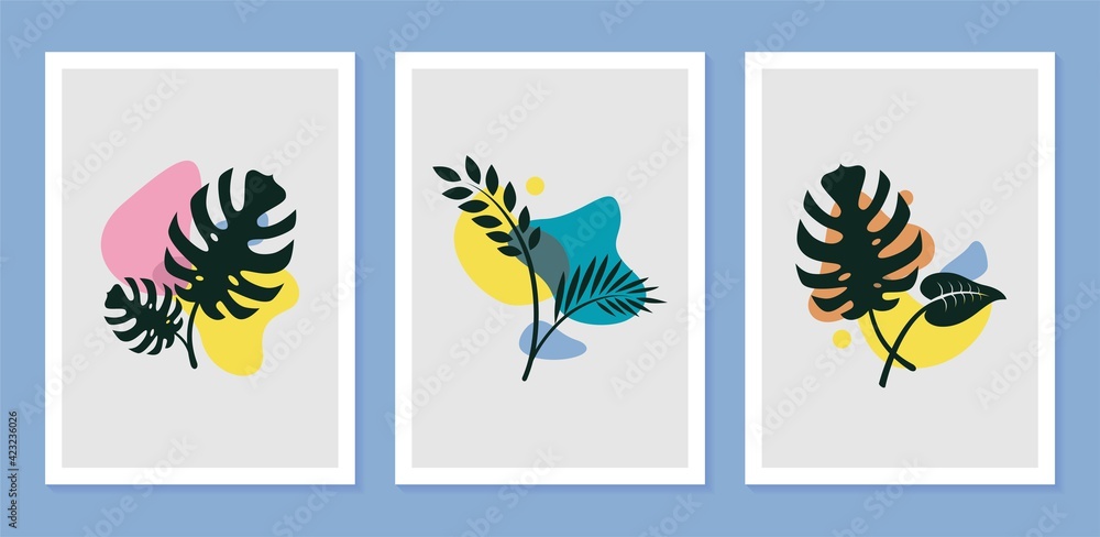 Botanical plant wall art set with abstract shape for print, cover, wallpaper minimalist