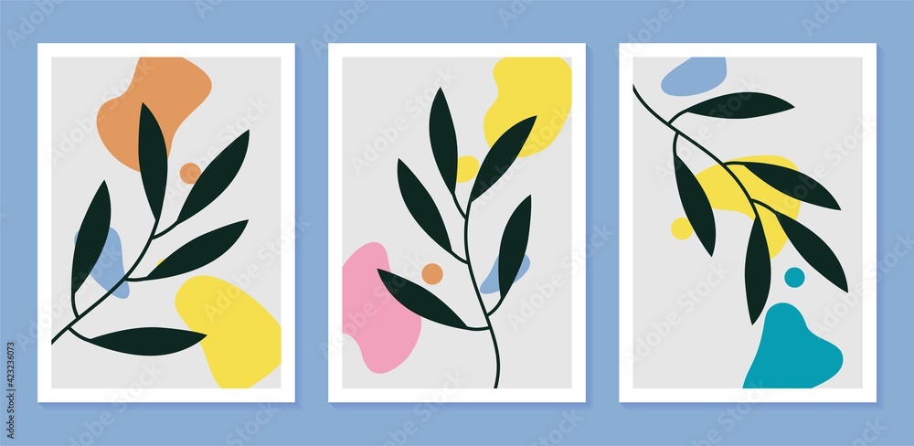 Leaf hand draw wall art set with abstract shape for print, cover, wallpaper minimalist Leaf hand draw wall art set with abstract shape for print, cover, wallpaper minimalist