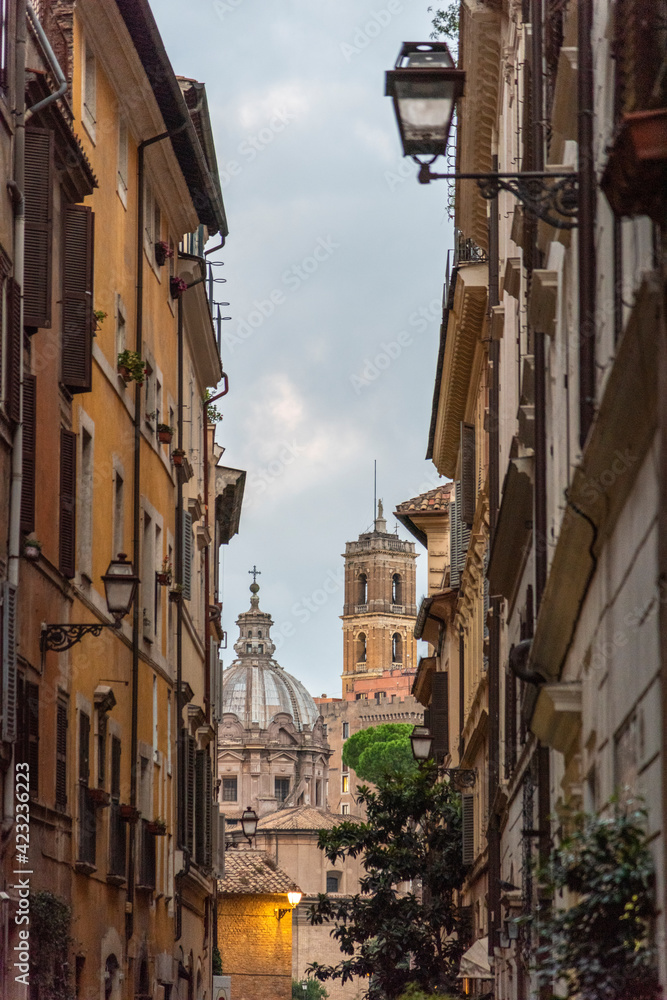 Rome. Morning hour, street view in the Monti area, view towards the church of Luca e Martina near to the Forum Romanum