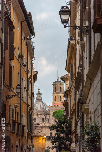 Rome. Morning hour, street view in the Monti area, view towards the church of Luca e Martina near to the Forum Romanum
