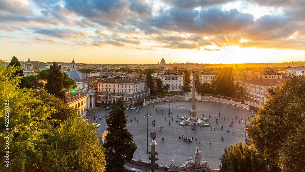 Rome. View toward the Piazza del Popolo and Saint Peter's at sunset from the Pincio.