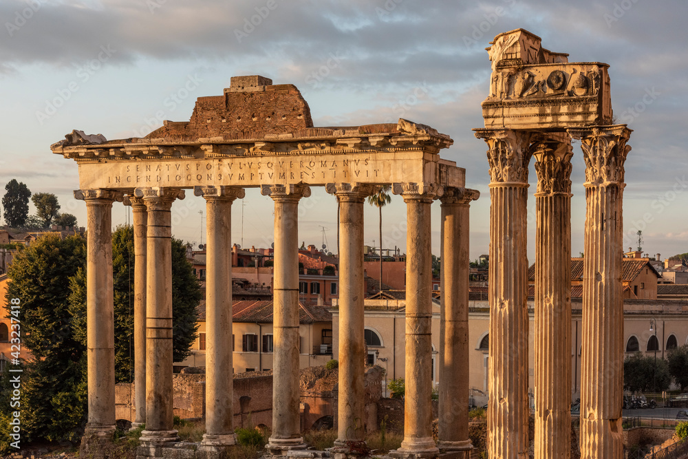 Rome. The Forum Romanum with the temple of Saturn at sunrise.