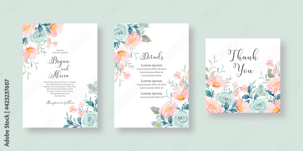 Set of wedding invitation cards with pink and blue watercolor flowers