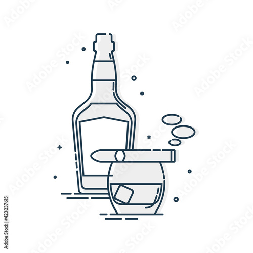 Bottle of whiskey glass with ice and a burning cigar. Set of alcoholic drink and a relaxing smoking object. Isolated flat illustration on white background. Line art design for restaurant and pub