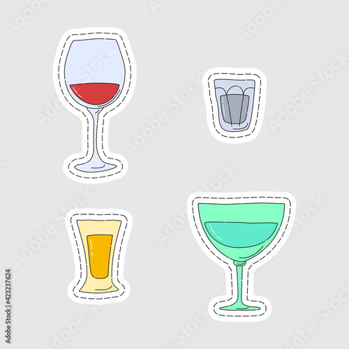 Red wine vodka tequila vermouth glassware as a sticker. Cartoon sketch graphic design. Doodle style. Colored hand drawn image. Party drink concept for restaurant, cafe, party. Freehand drawing style