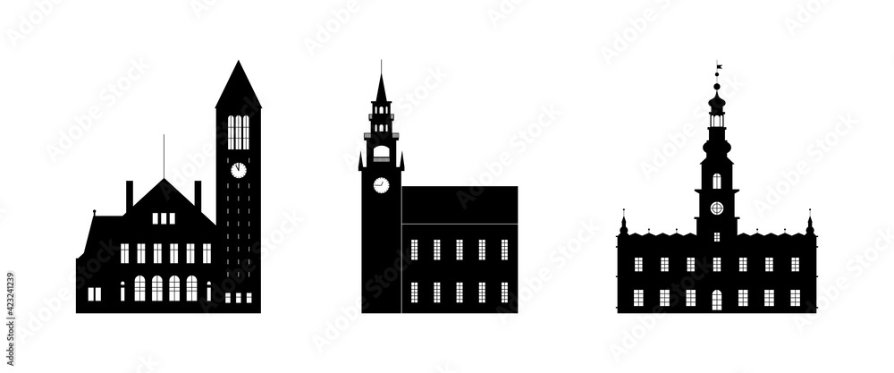 Black and white silhouette clipart of churches chapels and town hall in small town street