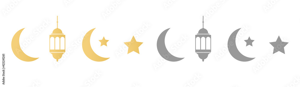 Ramadan icons set on long banner. Gold and gray lanterns, crescent and stars. Ramadan Kareem greeting card. Celebration design elements. Muslim islamic feast. Vector illustration Ramadan icons set on long banner. Gold and gray lanterns, crescent and stars. Ramadan Kareem greeting card. Celebration design elements. Muslim islamic feast. Vector illustration
