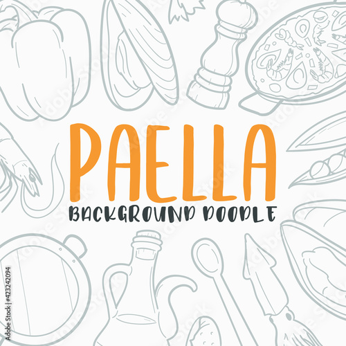 Paella Doodle Banner Icon. Spanish Recipe Food Vector Illustration Hand Drawn Art. Line Symbols Sketch Background.