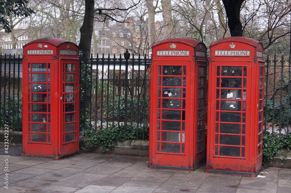 Obraz premium Traditional red telephone boxes in Russel Square, London (UK) 