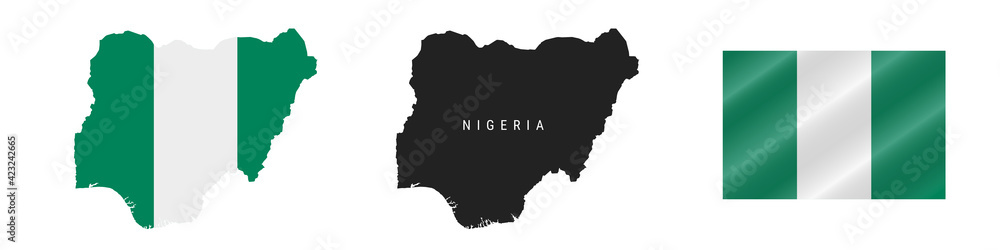 Nigeria. Detailed flag map. Detailed silhouette. Waving flag. Vector illustration