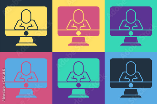 Pop art Online psychological counseling distance icon isolated on color background. Psychotherapy, psychological help, psychiatrist online consulting. Vector