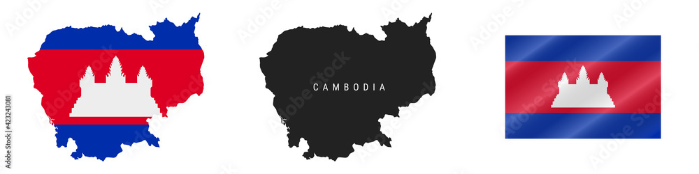Cambodia. Detailed flag map. Detailed silhouette. Waving flag. Vector illustration