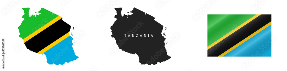 Tanzania. Detailed flag map. Detailed silhouette. Waving flag. Vector illustration