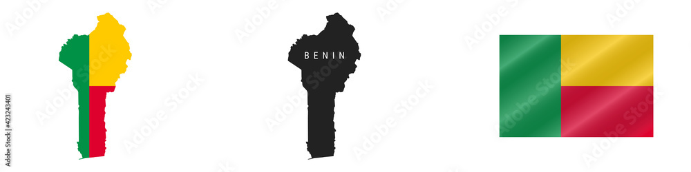 Benin. Detailed flag map. Detailed silhouette. Waving flag. Vector illustration