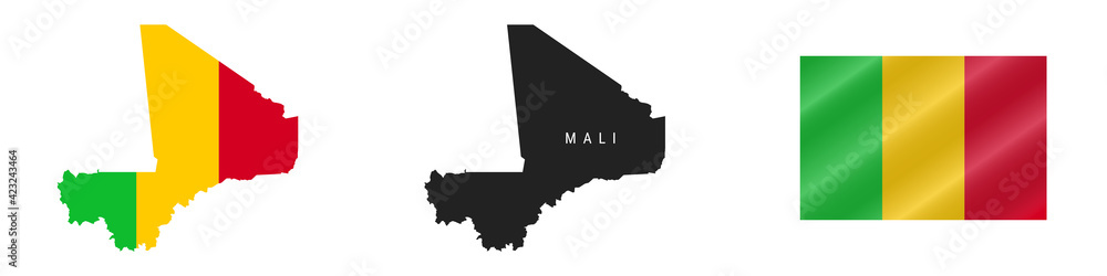 Mali. Detailed flag map. Detailed silhouette. Waving flag. Vector illustration