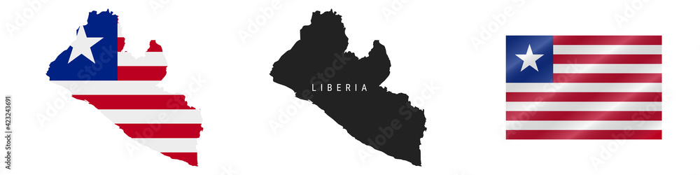 Liberia. Detailed flag map. Detailed silhouette. Waving flag. Vector illustration