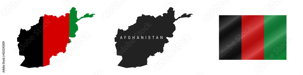Afghanistan. Detailed flag map. Detailed silhouette. Waving flag. Vector illustration