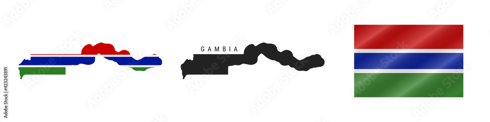 Gambia. Detailed flag map. Detailed silhouette. Waving flag. Vector illustration