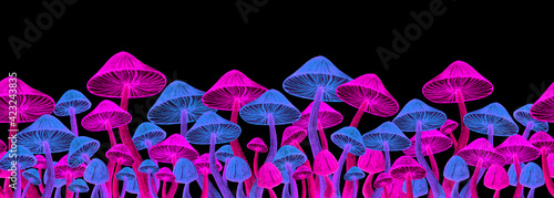 Bright toadstool fluorescent seamless border. Poisonous mushroom illustration for hippie trippy concept. Fancy print design for postcard, frame, washi tape, paper adhesive tape, ribbon photo