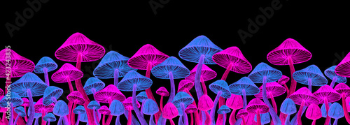 Bright toadstool fluorescent seamless border. Poisonous mushroom illustration for hippie trippy concept. Fancy print design for postcard, frame, washi tape, paper adhesive tape, ribbon