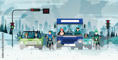 Cars emit smoke pollution waiting for traffic lights in the city.