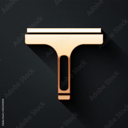 Gold Cleaning service with of rubber cleaner for windows icon isolated on black background. Squeegee, scraper, wiper. Long shadow style. Vector