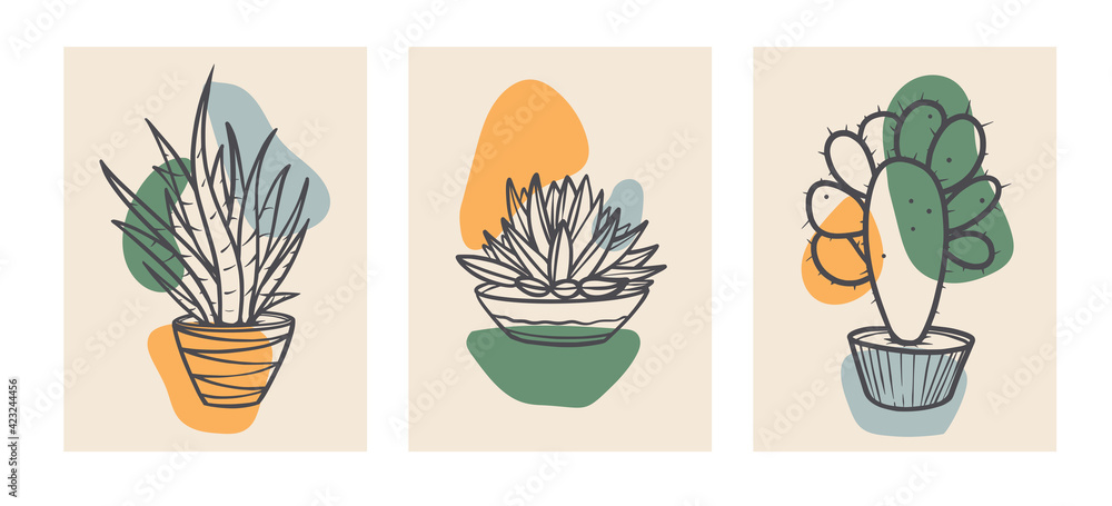 Contemporary hand drawn vector illustrations. Continuous line, minimalist botanical templates.