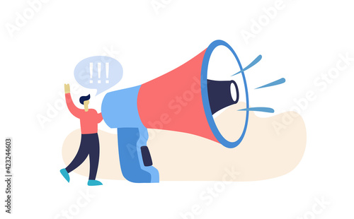 Cartoon Man And Megaphone. Leadership speech. Flat style vector 