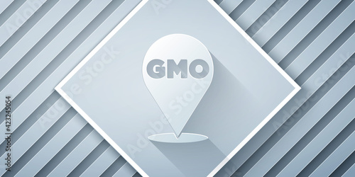 Paper cut GMO icon isolated on grey background. Genetically modified organism acronym. Dna food modification. Paper art style. Vector