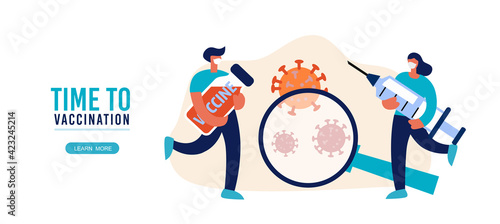 Doctor holding vaccine. Medic carrying huge syringes to inject new coronavirus. Time to vaccination